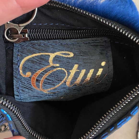 ETUI London Blue Leather Party Fur Foiled Print Clutch/Crossbody Shoulder Purse - Picture 3 of 6